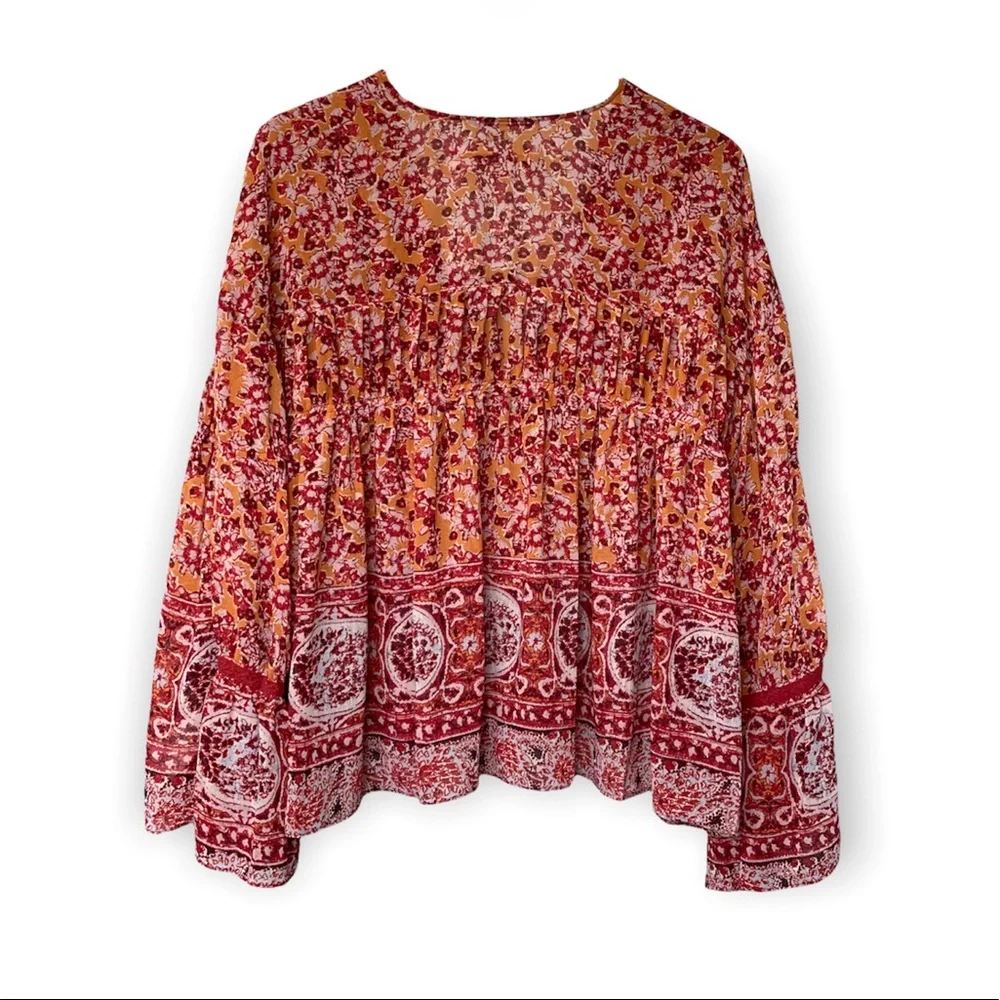 FREE PEOPLE Lorraine Boho Print Tie-front Top NWT